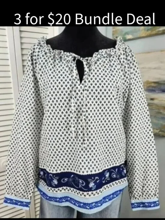 J. Crew Top size Small Blue Floral Peasant Boho Long Sleeve