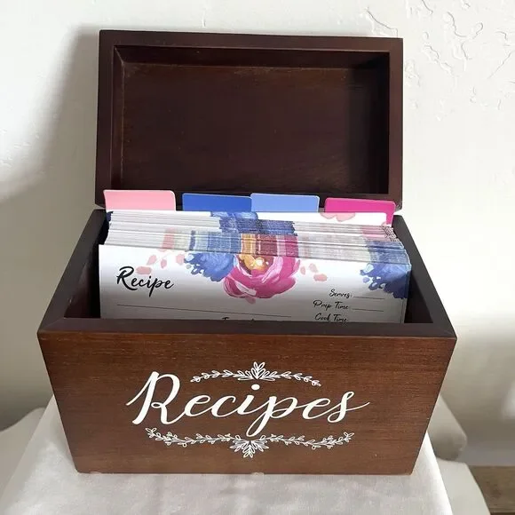 Outshine Wooden Recipe Box Set with Cards / Dividers Farmhouse Kitchen Brown