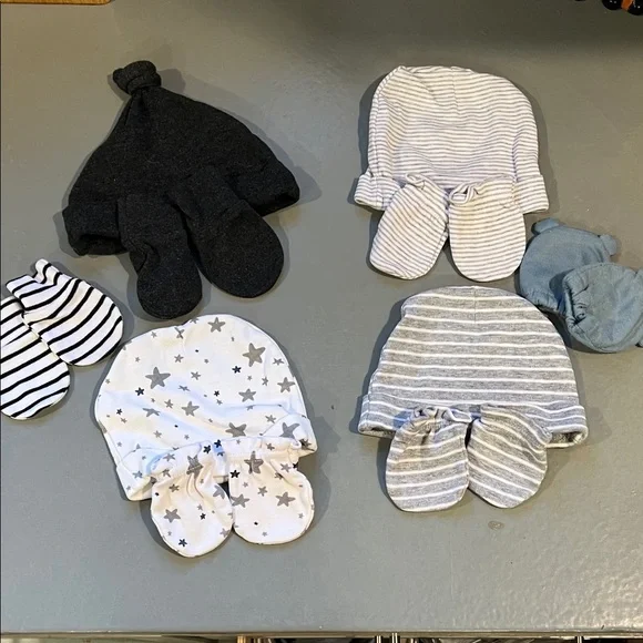 Cozy Baby Hat and Mittens Set - Black, Gray, and Blue
