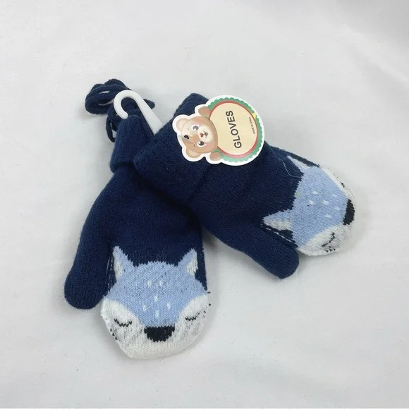 Toddler kids snow gloves with strings winter warm navy blue