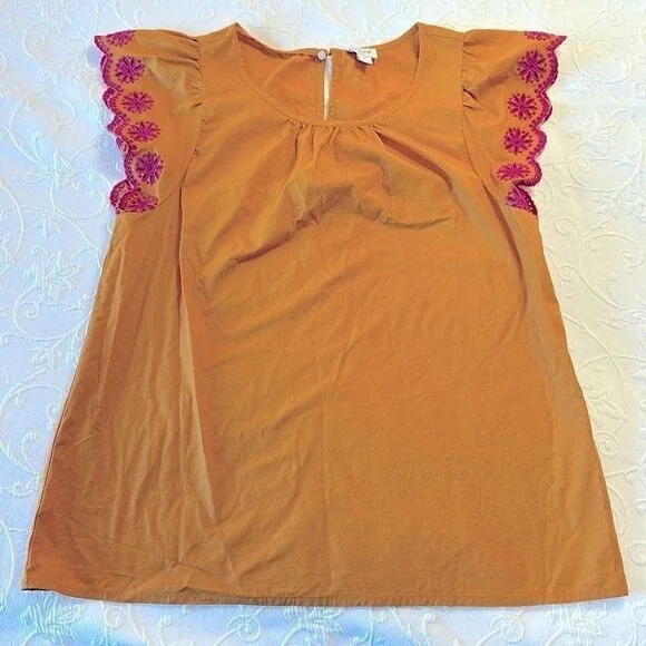 J. Crew Boho Orange & Pink Embroidered Flutter Sleeve‎ Camisole Top Small