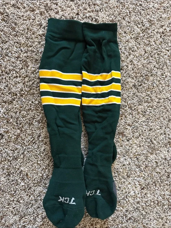 Kids Green Athletic Knee-High Socks with Yellow Stripe Detail