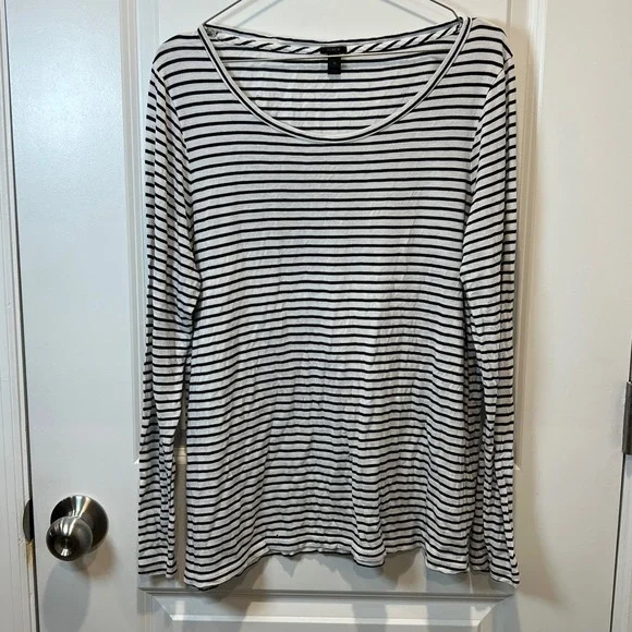 J.Crew‎ Women Long Sleeve Striped Viscose Top White Black XL