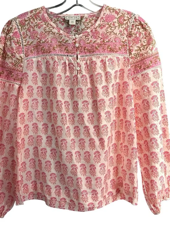 J.Crew Point Sur Block Print Popover Blouse XS Pink Paisley Cotton Boho Top