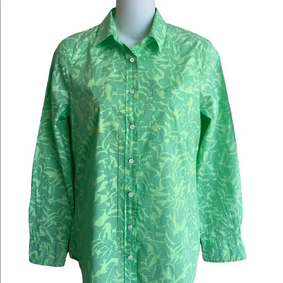 J Crew Ladie Neon Green Tropical Leave Print Boy Button Down Shirt Cotton Size 2