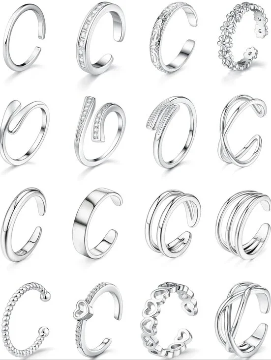 Open Toe Midi Rings - Silver, Set of 16