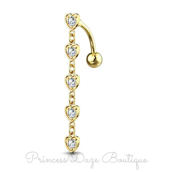 Gold Diamond Heart Dangle‎ Belly Button Ring