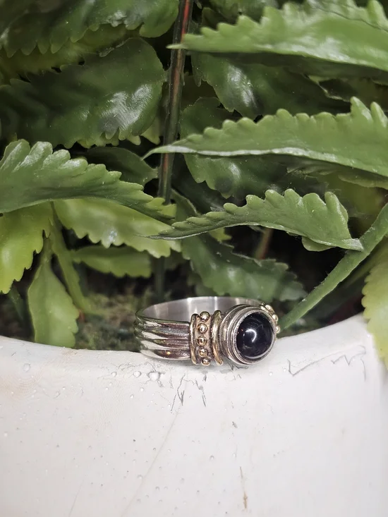 Sterling Silver Black Onyx Ring with 14k Gold - Signed - Size 8.75