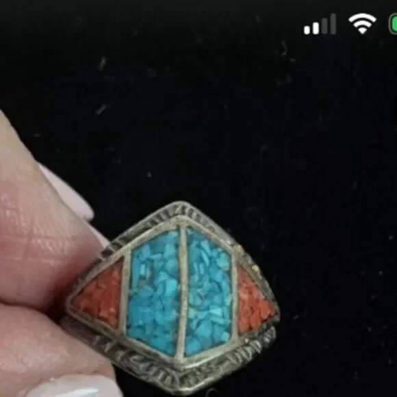 Vintage Navajo Inlay sterling silver ring with turquoise and coral