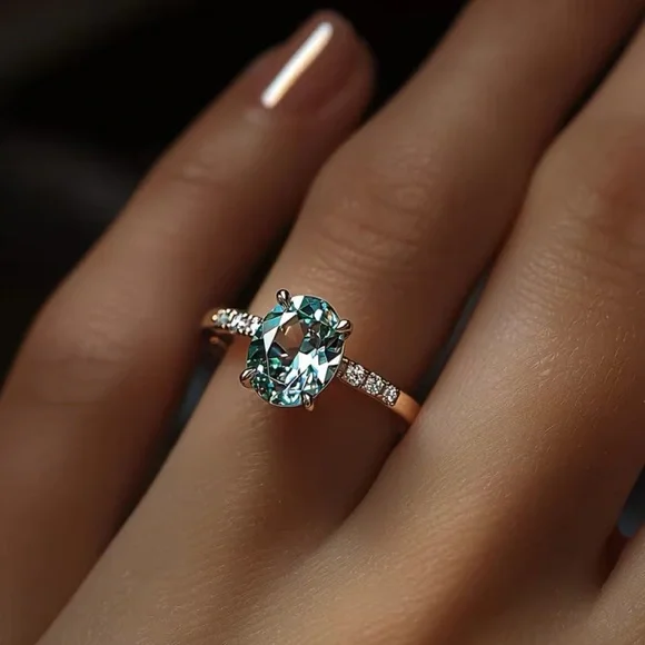 Gold and Aqua Blue Moissanite Gemstone Ring - NEW - SIZE 10