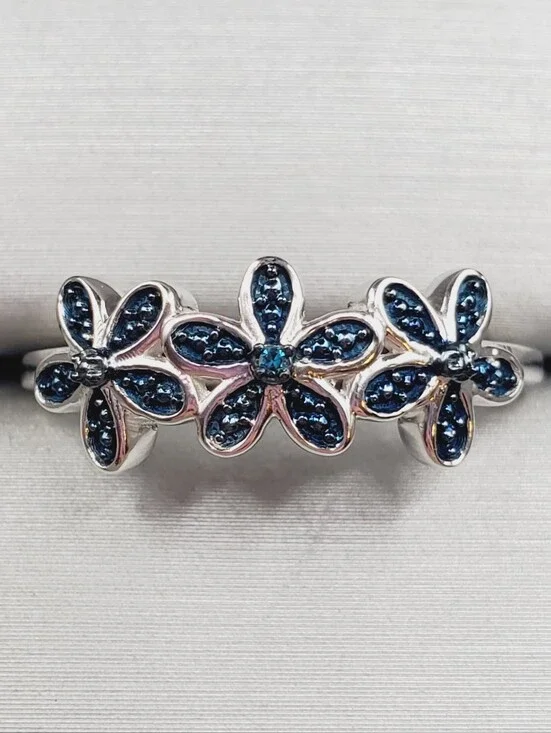 Genuine Blue Diamond Accent 925 Sterling Silver Floral Triple Flower Ring