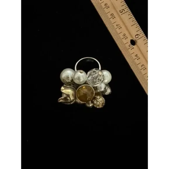 Vintage gold toned Faux Pearl and gemstone cluster Statement ring