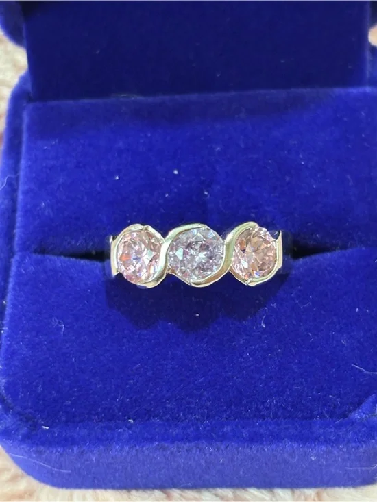 Three-Stone Pink and lavender Cubic Zirconia Ring in Silver