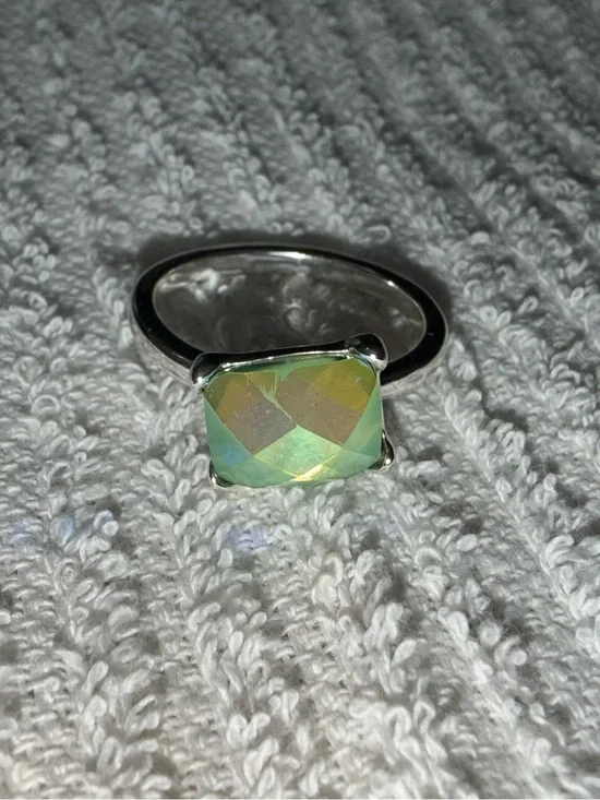 Source Unknown Silver Ring with Green-Yellow Iridescent Square Stone