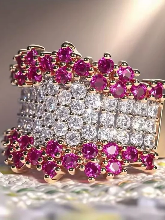 Gold Ring with Pink Gemstones and Clear Crystals