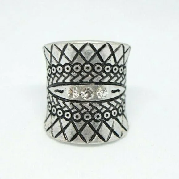 Clear Rhinestone Silver Tone Embossed Full Knuckle