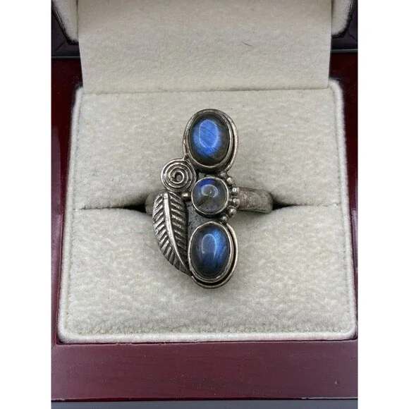 Triple Stacked Labradorite Feather Native American Style 6.2gStatement Ring Sz 9