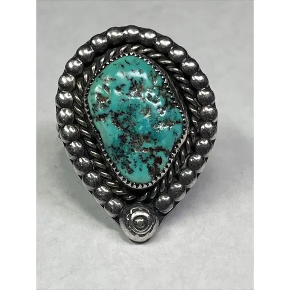 Sterling Ring 925 Turquoise Ring Size 8 Navajo Inspired Signed RL Vintage Chunky