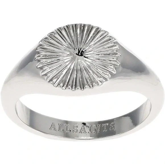 AllSaints‎ New Size 6 Rhodium Plated Textured Fan Signet Ring Silver Tone Brass