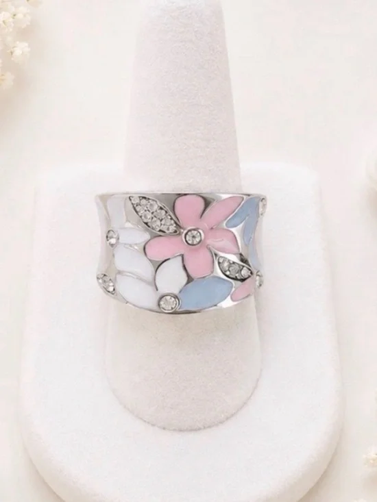 Silver Tone Floral Enamel Fashion Ring with Pink & Blue Accents-NWOT
