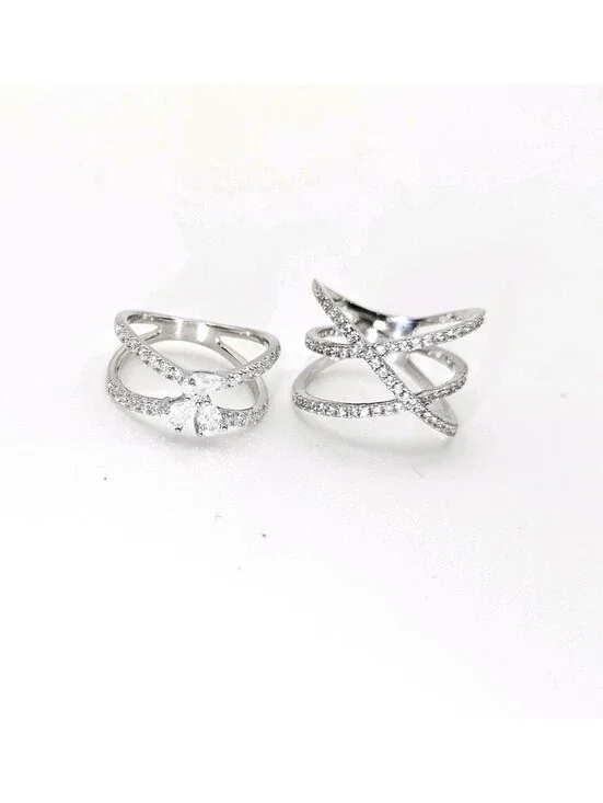 Lot of 2 CZ Pave Rings Size 7 Rhodium Plated Butterfly & Criss Cross X Ring NWOT