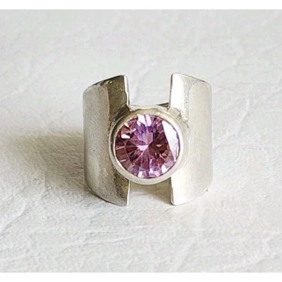 Vintage Mexico 925 Sterling SIlver & Pink Cubic Zirconia Modernist Ring sz 6.5