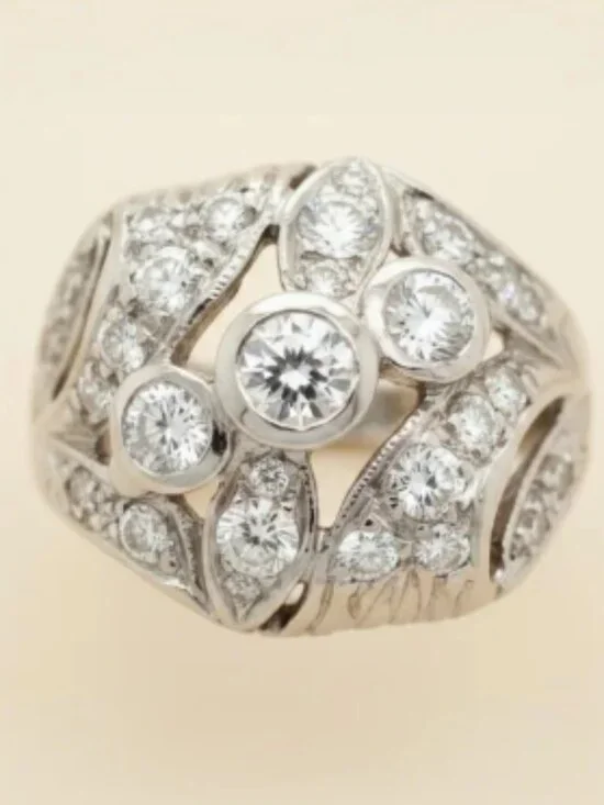 Art Deco 14K White Gold Openwork Diamond Bridal Wedding Engagement Ring