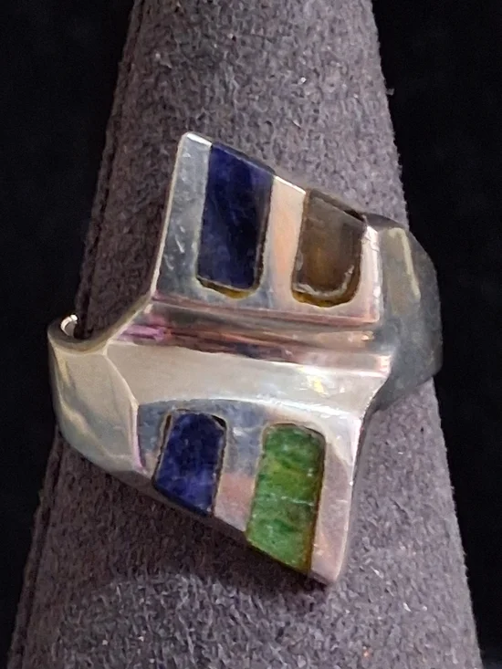 Vintage Mexican Sterling Silver Inlay Modernist Geometric Ring Sz 8