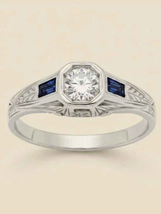 1920's White Gold Sapphire Diamond Bridal Wedding Engagement Art Deco Ring