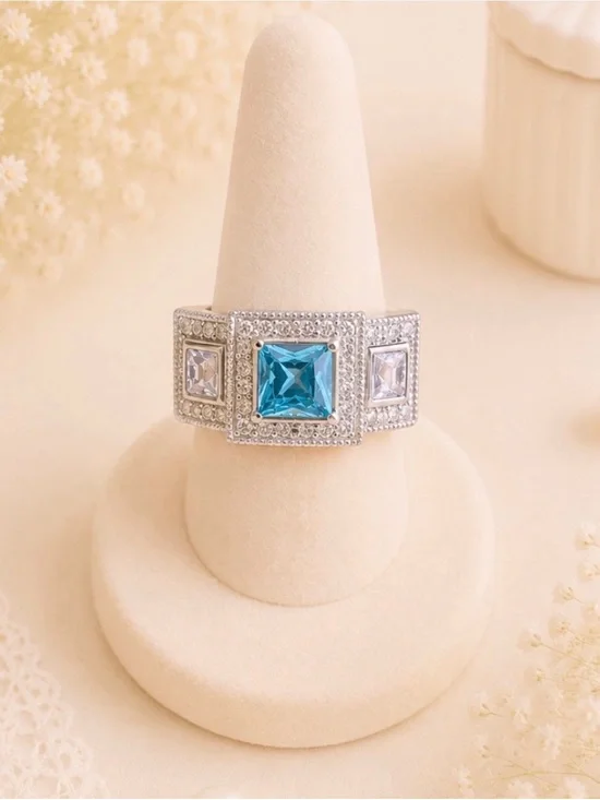 Silver Tone Fashion Ring with Blue Square Stone and Clear Accents size 7.5-NWOT