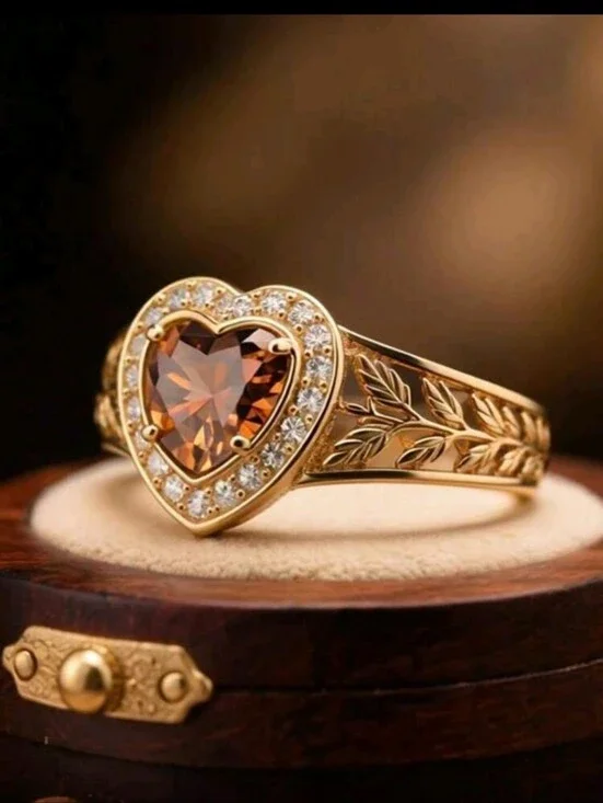 BRAND NEW ** Gold Heart Halo Ring with Brown Heart Gem