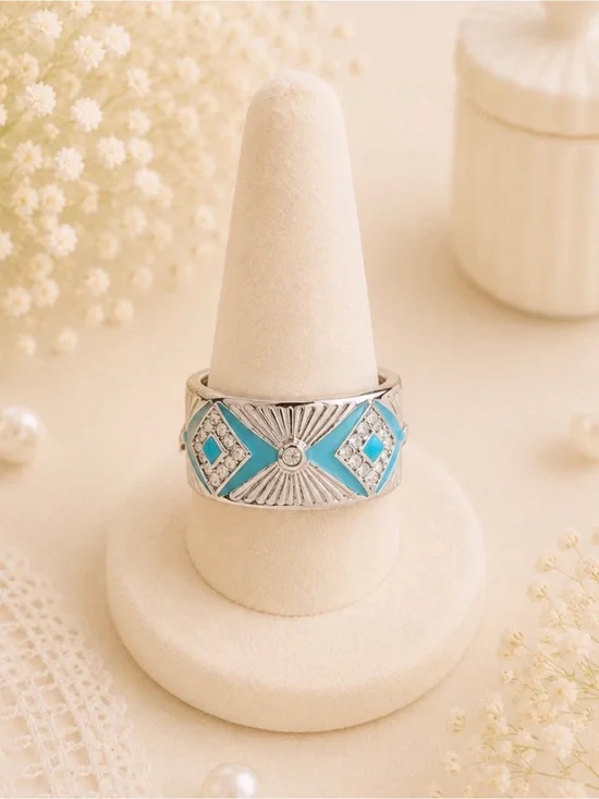 Silver Tone Turquoise Enamel Wide Band Ring size 7.5