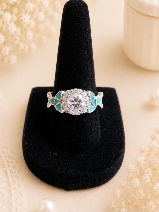 Silver-tone Green Enamel Floral Halo Ring With Clear Center Stone Size 7