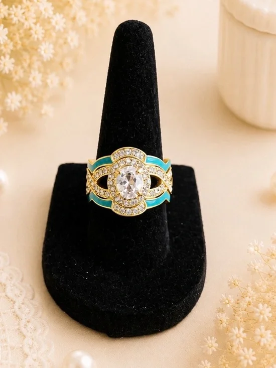 Gold-Tone Clear Oval Stone Center  Turquoise Accents Triple Band Ring Size 7
