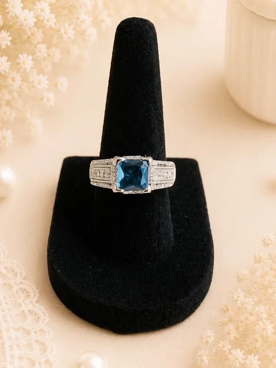 Silver Tone Fashion Ring With Blue Square-Cut Center Stone Size 6