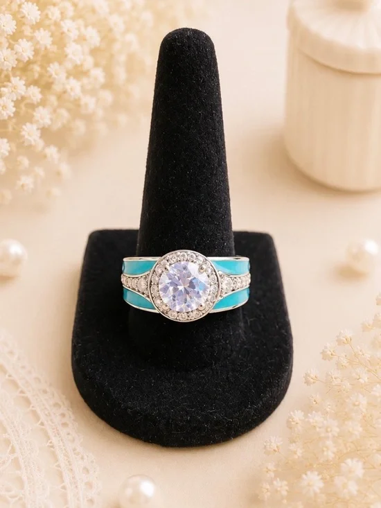 Turquoise Silver Tone Halo Ring With Cubic Zirconia Center Stone Size 9