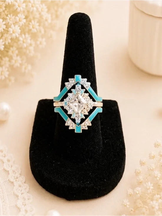 Turquoise Silver Tone Triple Band  Art Deco Fashion Ring-Size 6.5