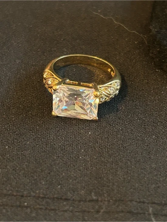 Gold Tone Clear Square Solitaire Ring with Accent Stones