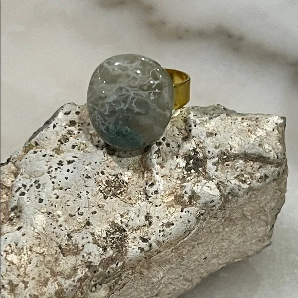 Crystal Moss Agate Ring Adjustable Gold Tone Cottagecore Spiritual Ring