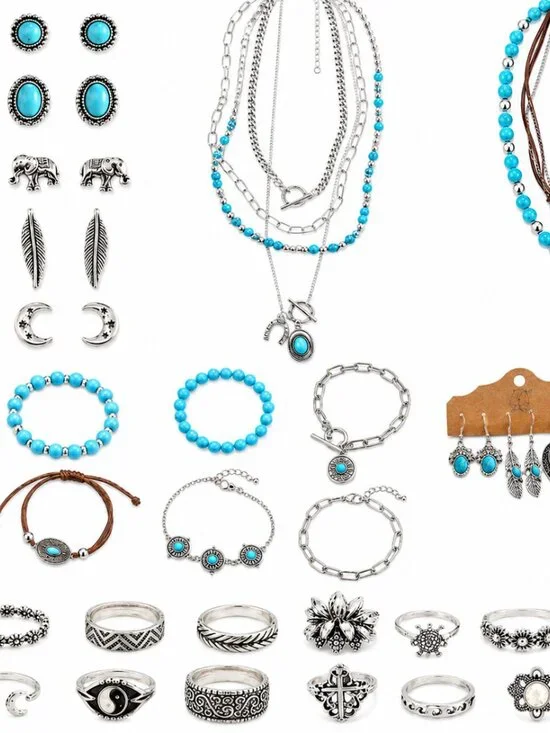 50pc Turquoise & Silver Tone Western style Jewelry Mixed Lot Earrings Rings Boho