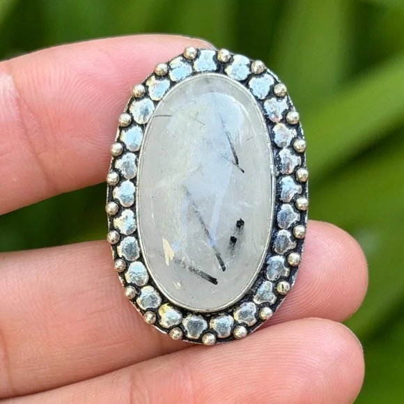 SIZE 7.25 925 silver plated black rutile quartz‎ ring 0376
