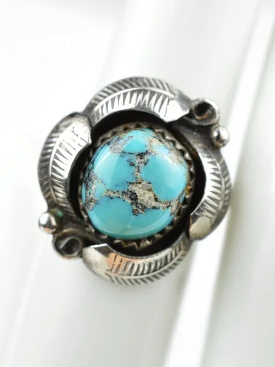 Vintage Navajo Sterling Silver Kingman Turquoise Leaf Ring Size 5.5 Southwestern