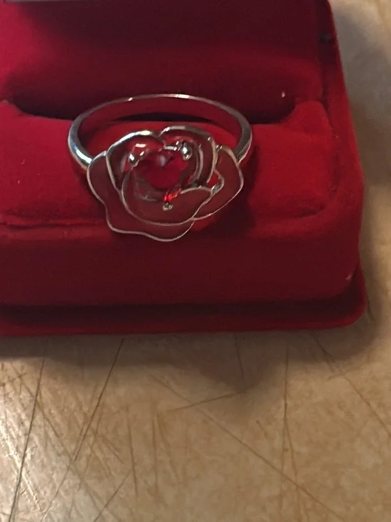 Silver tone Rose Ring with Red Heart Gem - Women's Jewelry