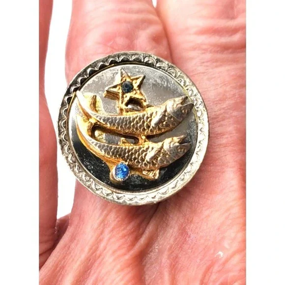 Vintage 1970s Silver & Gold Tone Zodiac Pisces Adjustable Ring