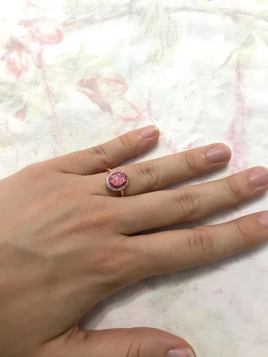 Rose Gold Tone Pink Coral Stone White Purple Rhinestones Ring Size 6