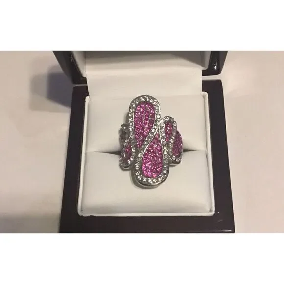 New Sparkling Silver Round Fuschia & White Swirl Ring