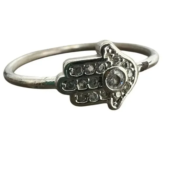 Rhinestone studded silver tone Hamsa hand ring - size 7