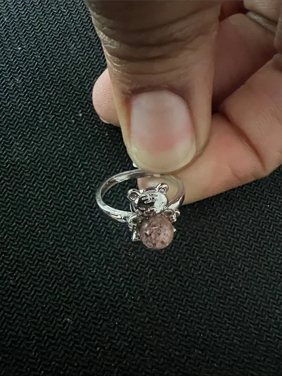 Adjustable Silver Teddy Bear Ring with Pink Stone