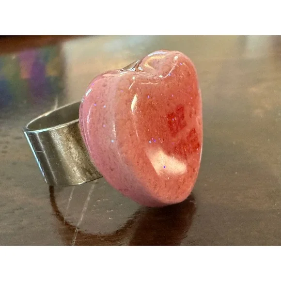 Heart Be Mine Resin Glitter Ring‎ Statement Ring  Silver Tone size 6