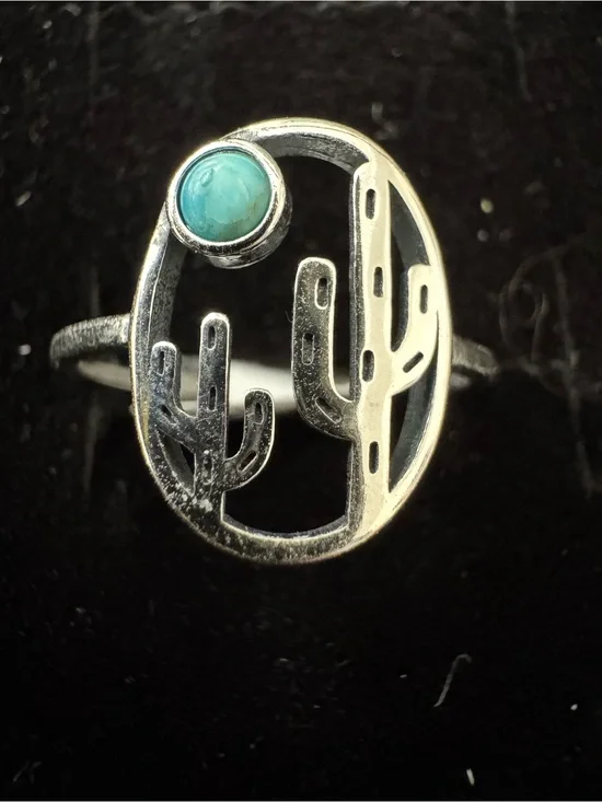 Sterling Silver Cactus Ring with Turquoise Stone‎ - Women's Jewelry
